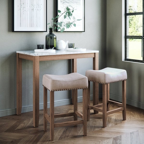 3-Piece Dining Set， Kitchen Pub Table， with White Marble Table Top， Light Brown Wood Base， Light Beige Fabric Seat