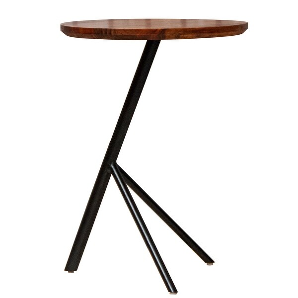 19 Inch Handcrafted Round Acacia Wood End Side Table， Sleek Tripod Metal Base， Walnut Brown， Black