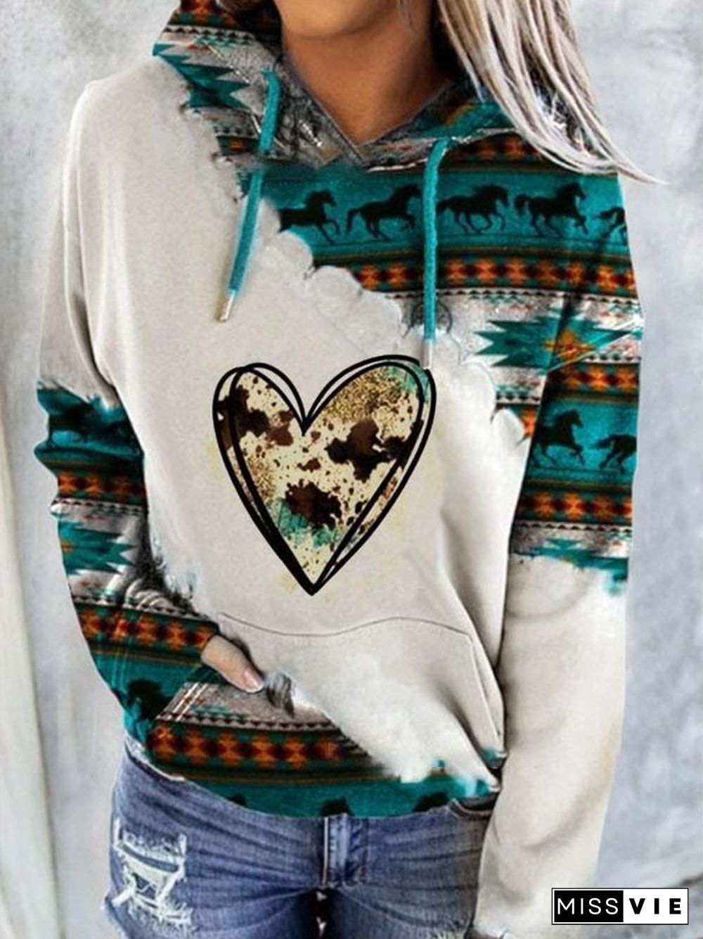 Round Neck Bohemia Printed Hoodie With Hat