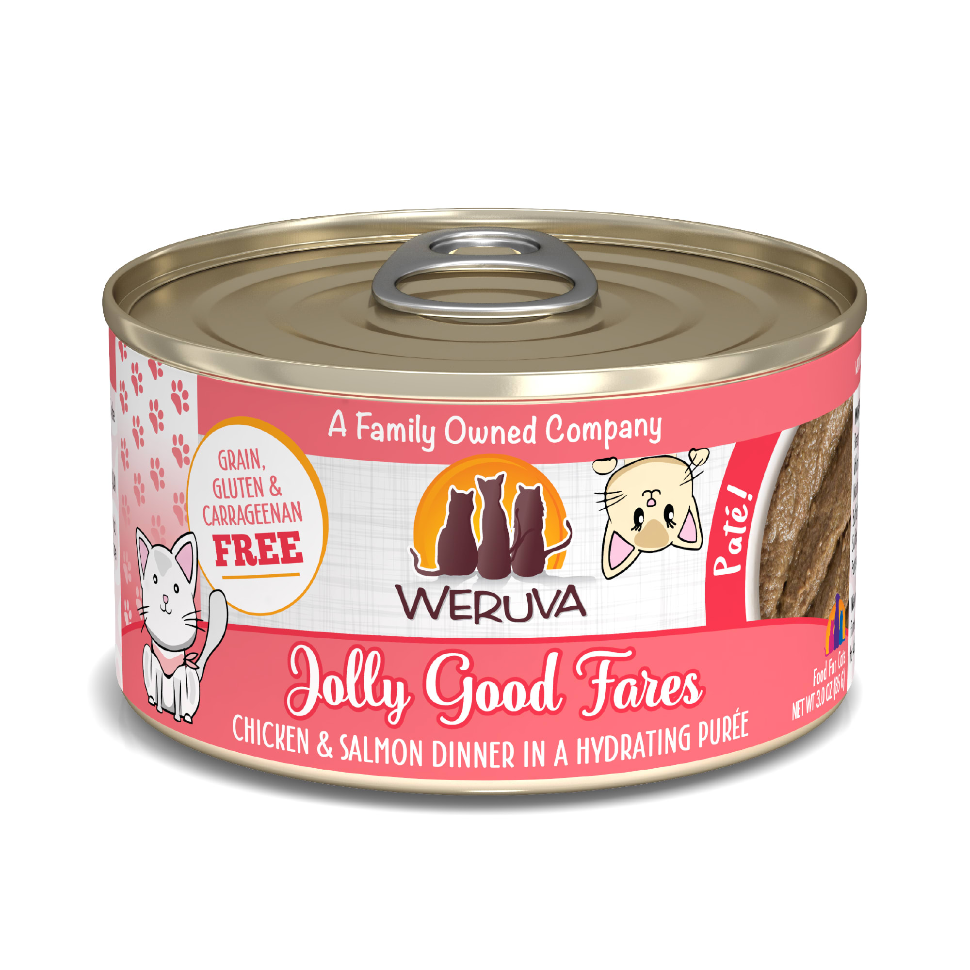 Weruva Pate Jolly Good Fares Chicken  Salmon Dinner in a Hydrating Puree Wet Cat Food， 3 oz.， Case of 12