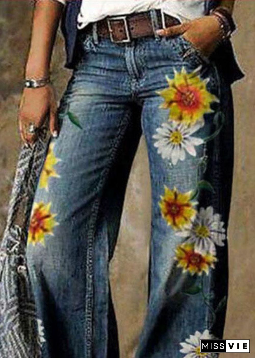 Women Daisy Print Pockets Patchwork Denim Straight Pants Spring