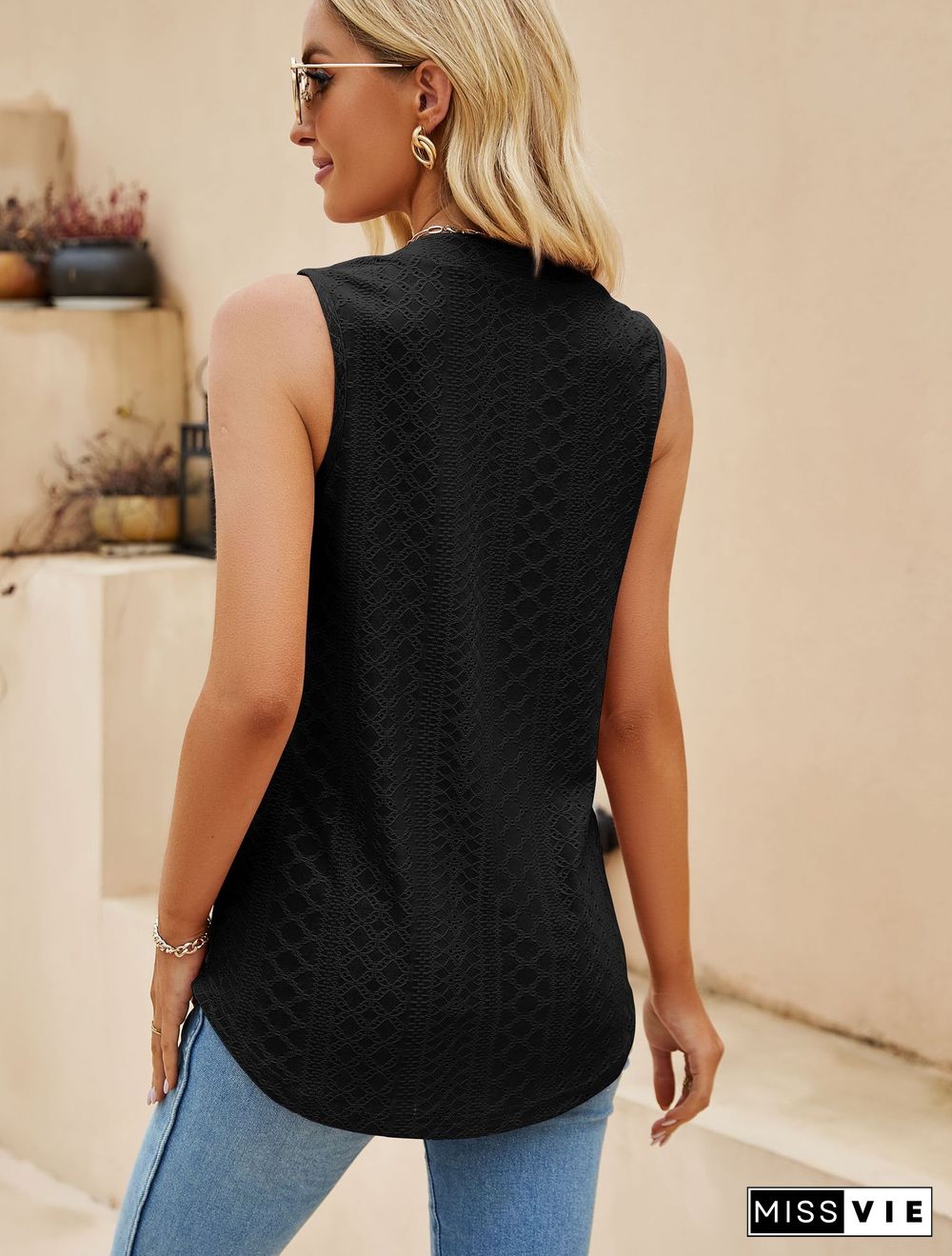 Eyelet Pattern Split Collar Tank Top