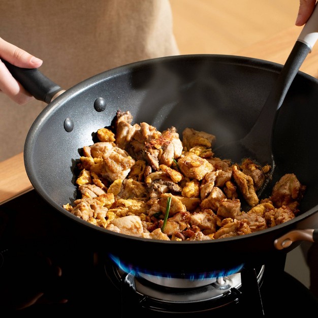 Hard Anodized Nonstick Induction Stir Fry Wok With Helper Handle And Glass Lid Matte Black