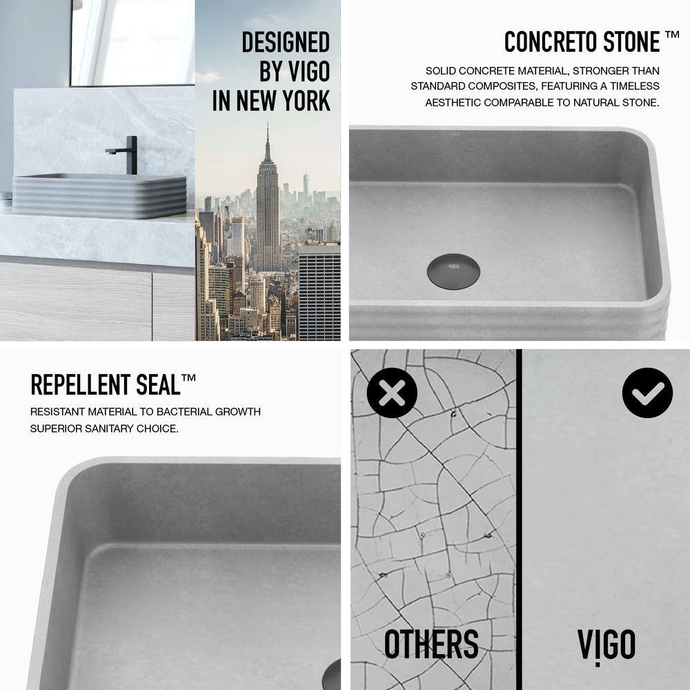 VIGO Cadman Modern Gray Concreto Stone 21 in. L x 14 in. W x 5 in. H Rectangular Fluted Bathroom Vessel Sink VG04074