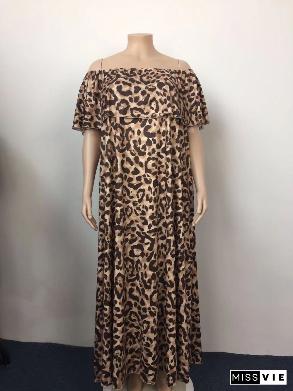 Plus Size Summer Leopard Print Off The Shoulder Short Sleeve Loose Party Club Holiday Maxi Long Dresses