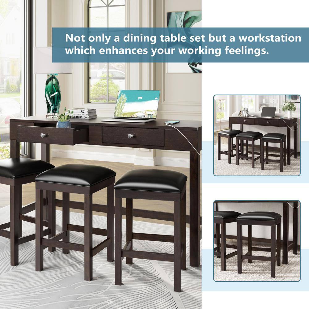 JASMODER Built-In Power Sockets 4 Pieces Bar Dining Table Set with Fabric Padded Stools SH000132AAP