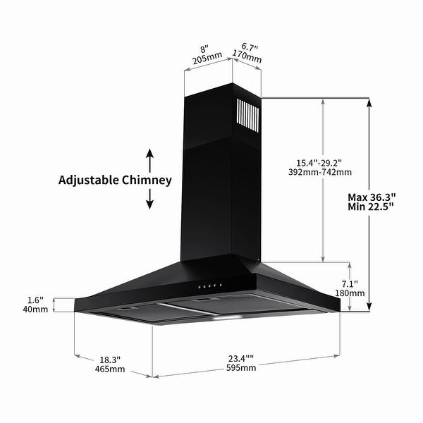 24 inch Wall Mounted Range Hood Kitchen Exhaust Stove Vent Hood 450 CFM 3-Speed Fan w/LED