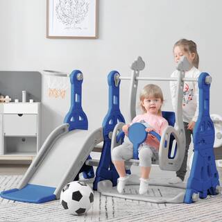 TIRAMISUBEST Blue Indoor and Outdoor Freestanding Kids Playground Climber Swing Playset with Basketball Hoop PPXY293801AAM