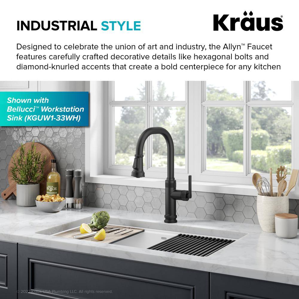 KRAUS Allyn Industrial Pull-Down Single Handle Kitchen Faucet in Matte Black KPF-4102MB