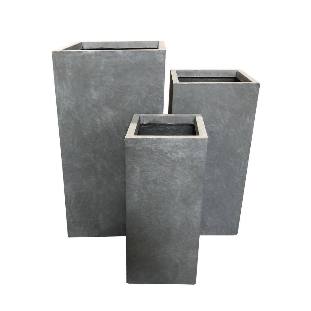 KANTE 28 in. x 24 in. and 20 in. H Square Slate Gray Concrete/Fiberglass Indoor Outdoor Modern Tall Planters OSF0002ABC-C60611