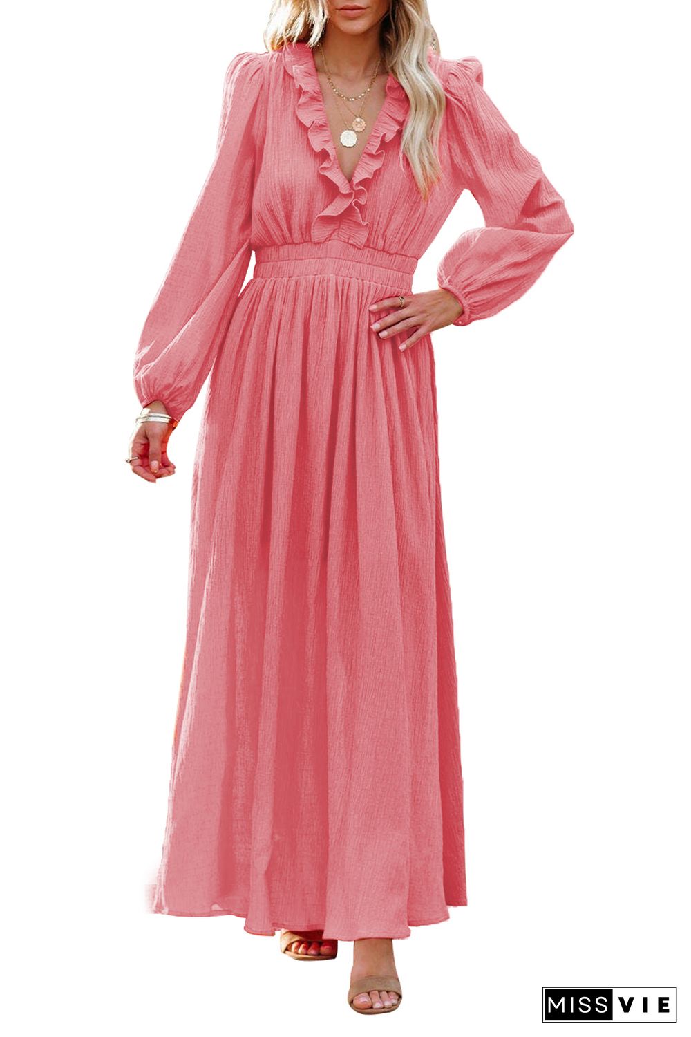 Ruffled V Neck Empire Waist Maxi Dress