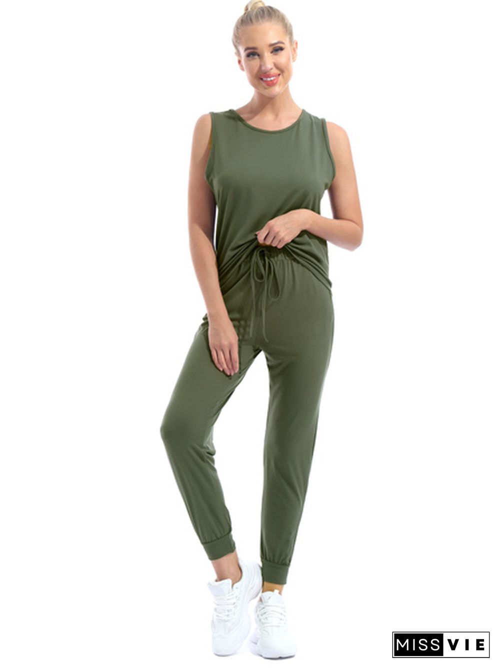 Women’S Solid Color Two Piece Outfit Sleeveless Crewneck Pullover Tops And Long Pants Sweatsuits Tracksuits