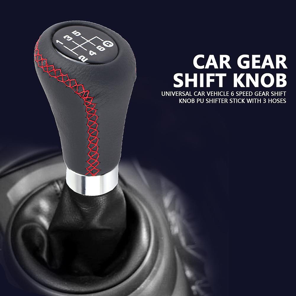 Universal Car Vehicle 6 Speed Gear Shift Knob Pu Shifter Stick With 3 Hoses Red