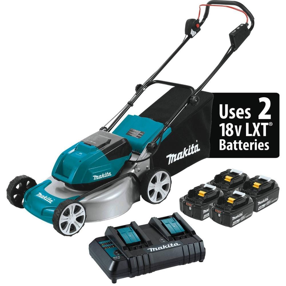 Makita 18 in. 18-Volt X2 (36-Volt) LXT Lithium-Ion Cordless Walk Behind Push Lawn Mower Kit with 4 Batteries (4.0 Ah) XML03CM1