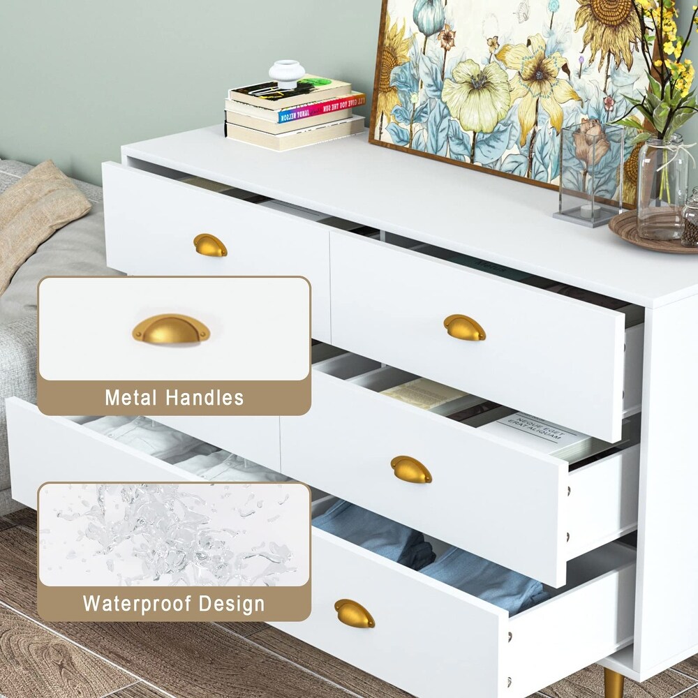 Modern Dresser for Bedroom  6 Drawer Dresser with Wide Drawers and Metal Handles  Wooden Double Dressers   Chest of Drawers