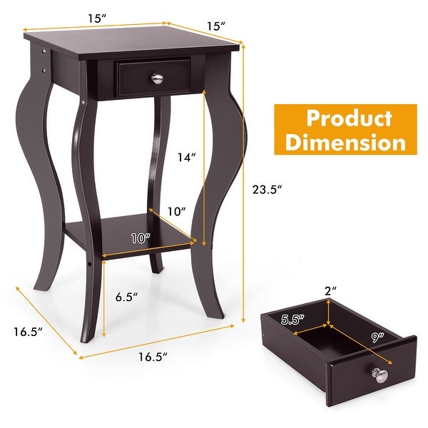 Costway End Side Table with Drawer Bottom Shelf Accent Nightstand - 15''x 15'' x 23.5''