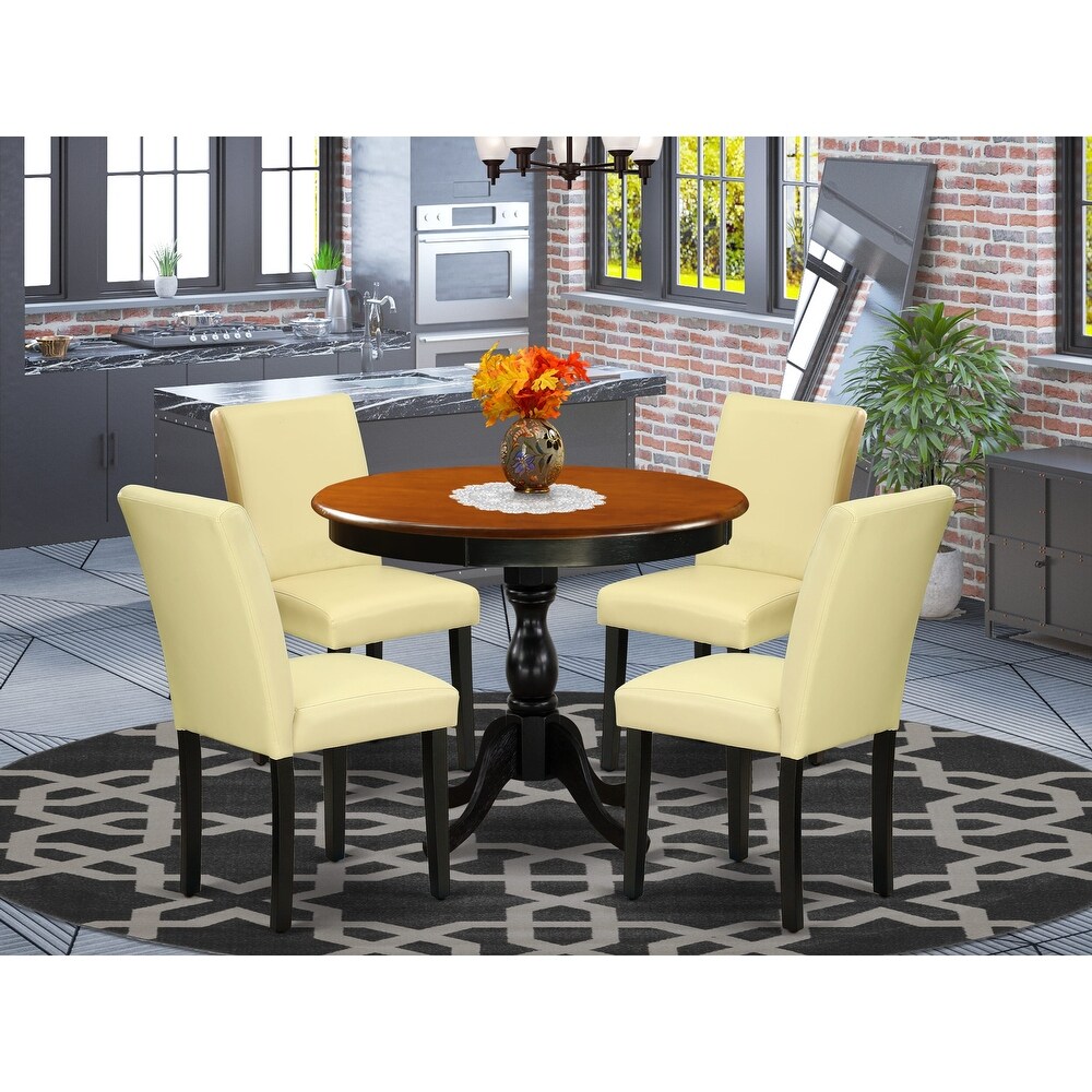 East West Furniture Kitchen Table Set  A Round Dining Table and Parsons Chairs  Black   Cherry(Upholstered   Pieces Options)