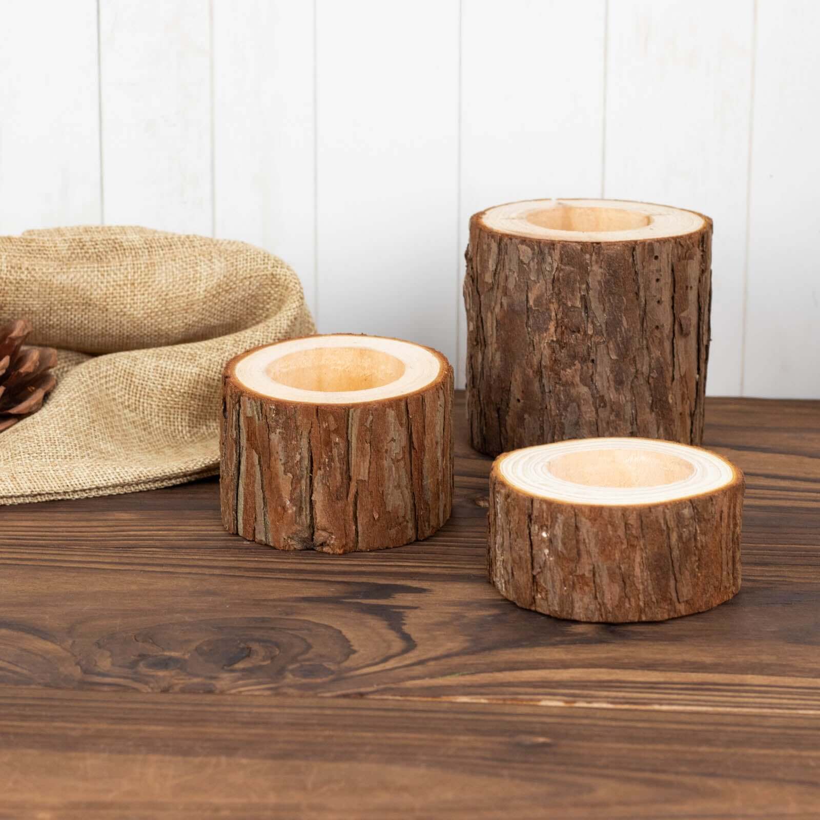 Set of 3 Assorted Farmhouse Wood Slice Votive Candle Holders, Rustic Tree Branch Wedding Table Décor 2.75