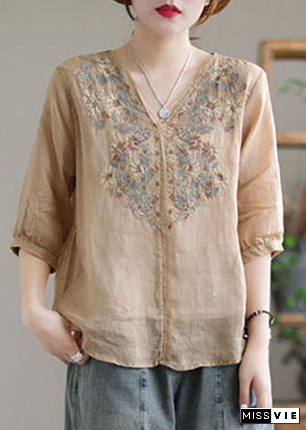 Women White V Neck Embroideried Linen Blouse Tops Half Sleeve