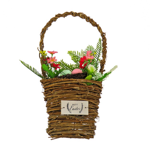 National Tree Company Artificial Woven Basket Decorated With Colorful Flower Blooms Leafy Greens Easter Collection 15 Inches