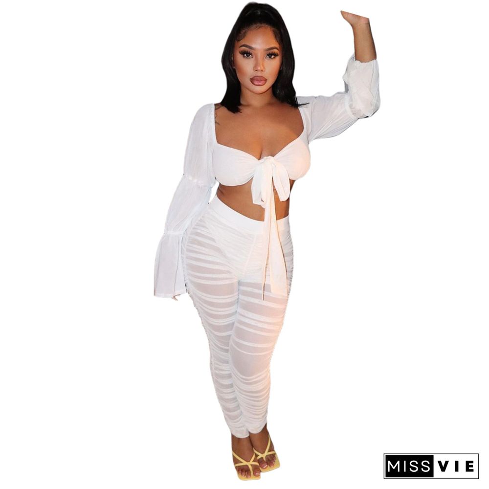 Mesh Long Flare Sleeve Crop Top Pleated Pants Set