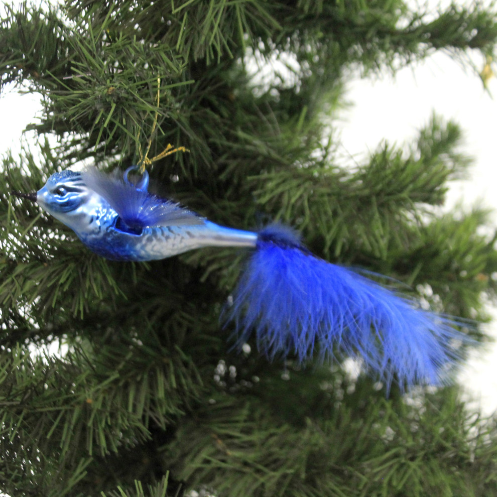 Inge Glas Blue Bilbo Bird Feather Tail 10004S020   Christmas Ornaments   by Story Book Kids Inc  Houzz