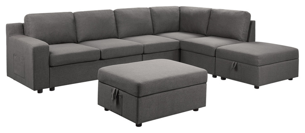 Waylon Gray Linen 7 Seater Sectional Sofa with Storage Ottomans and Pockets   Transitional   Sectional Sofas   by Lilola Home  Houzz