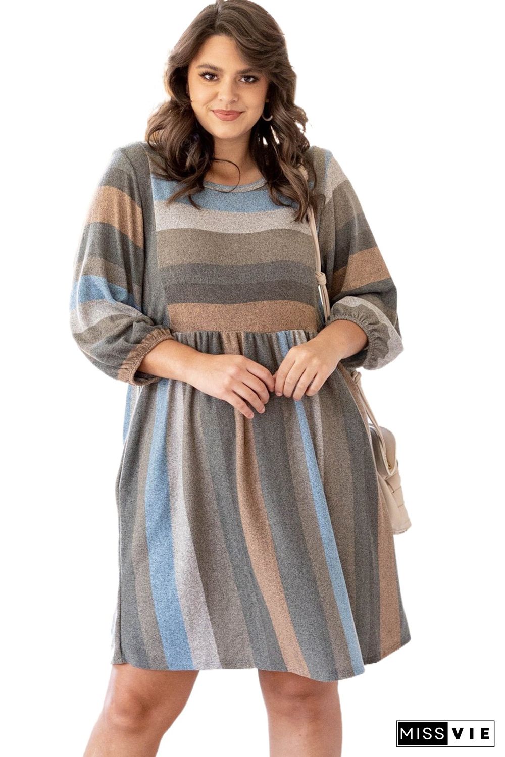 Stripe Plus Size 3/4 Sleeves Striped Print Empire Waist Dress