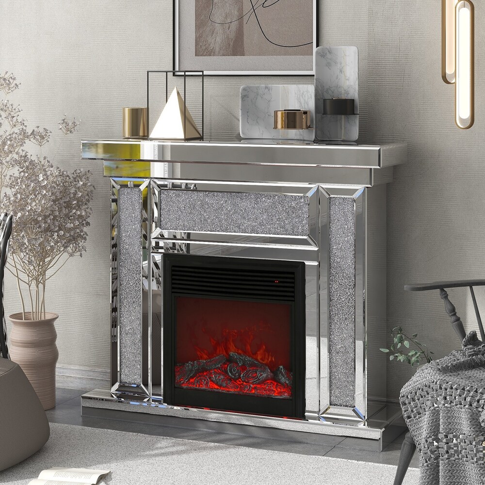 Mirror Electric Fireplace Display Console Table  Mantel Freestanding Heater Corner Firebox w/ 3D Flame Effect   Remote Control