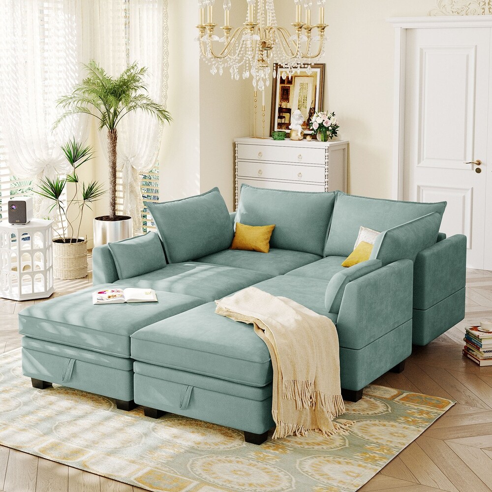 Modern Large U Shape Modular Sectional Sofa with Convertible Bed and Storage Seat