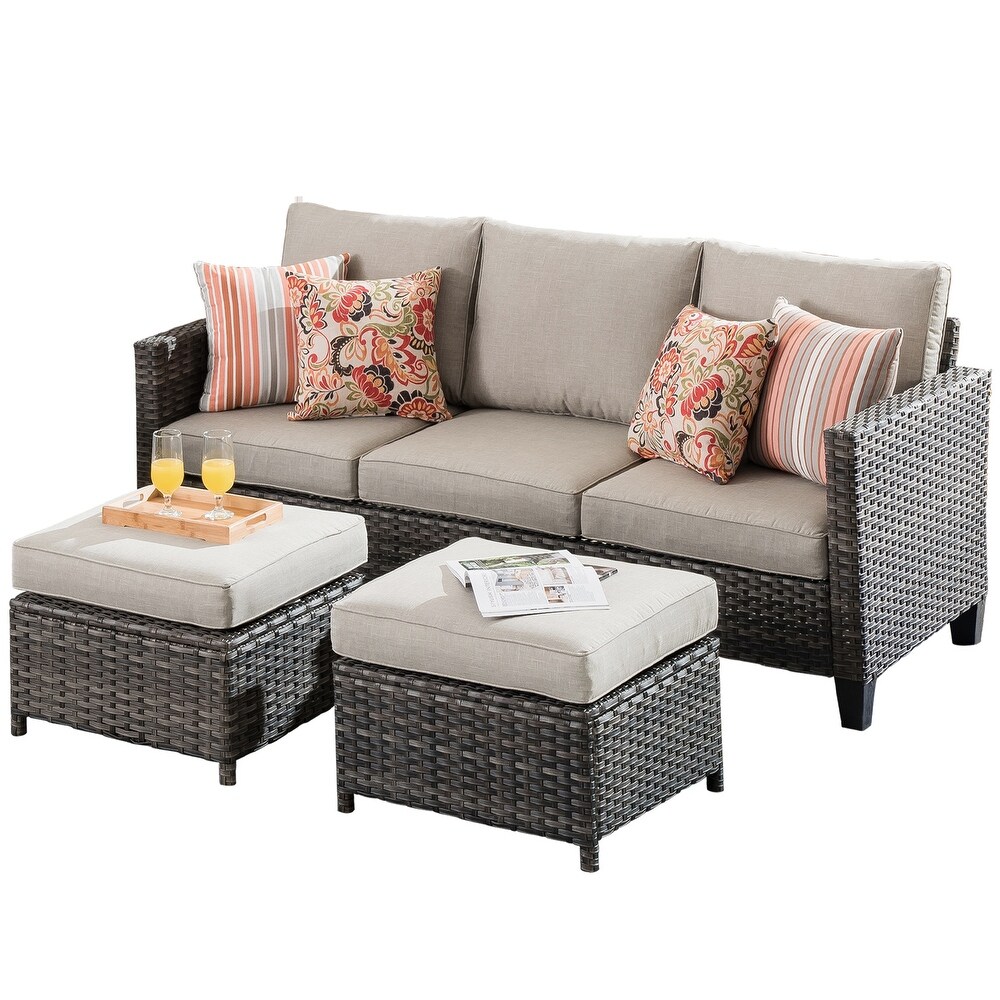 OVIOS 3 piece Outdoor High back Wicker Sectional Ottoman Set