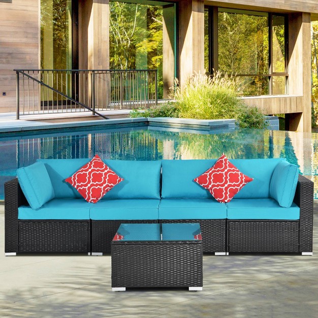 5pc Wicker Patio Sectional Seating Set With Cushions Espresso blue Godeer