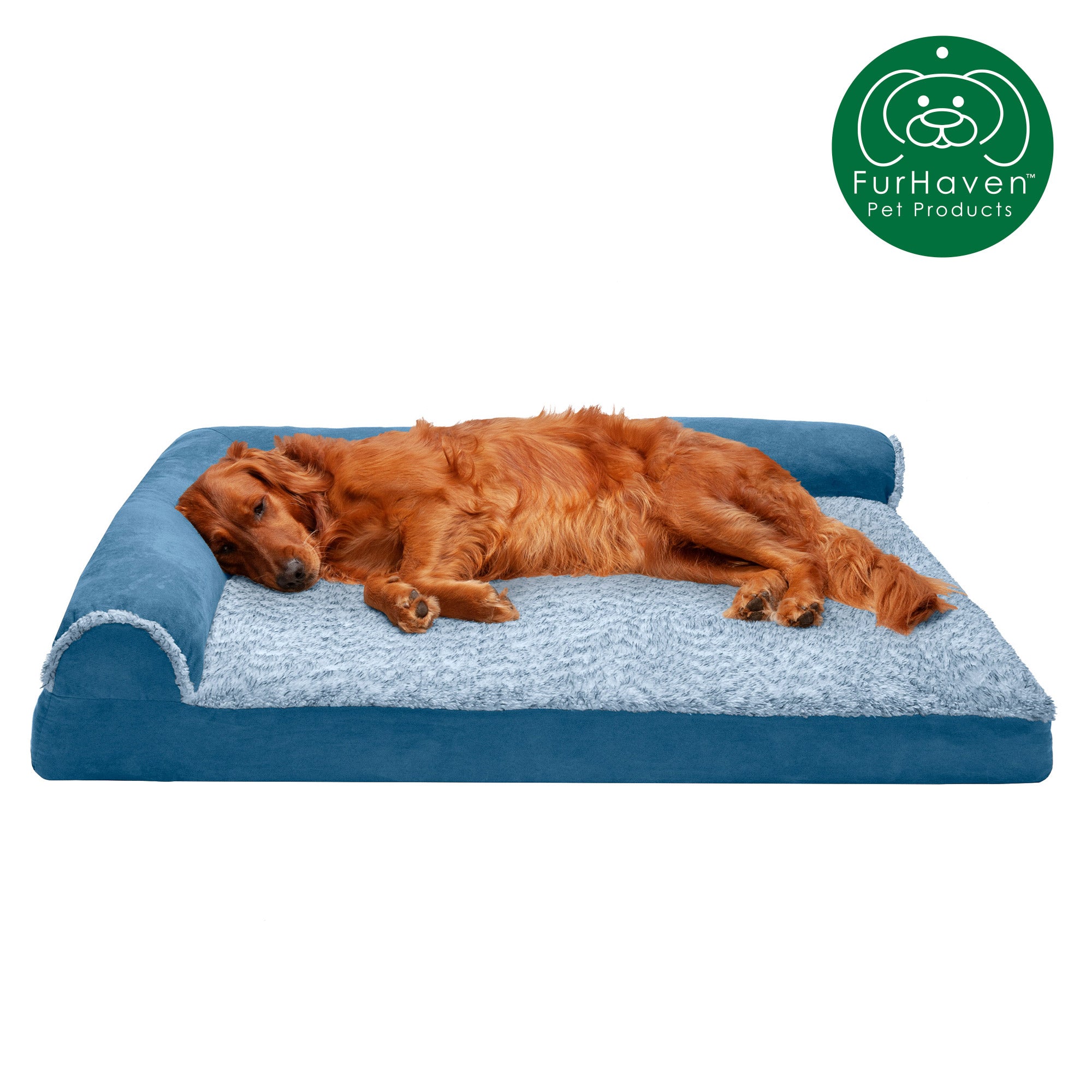 FurHaven Pet Products | Deluxe Memory Foam Chaise Faux Fur and Suede L-Shaped Lounge Pet Bed for Dogs and Cats， Marine Blue， Jumbo