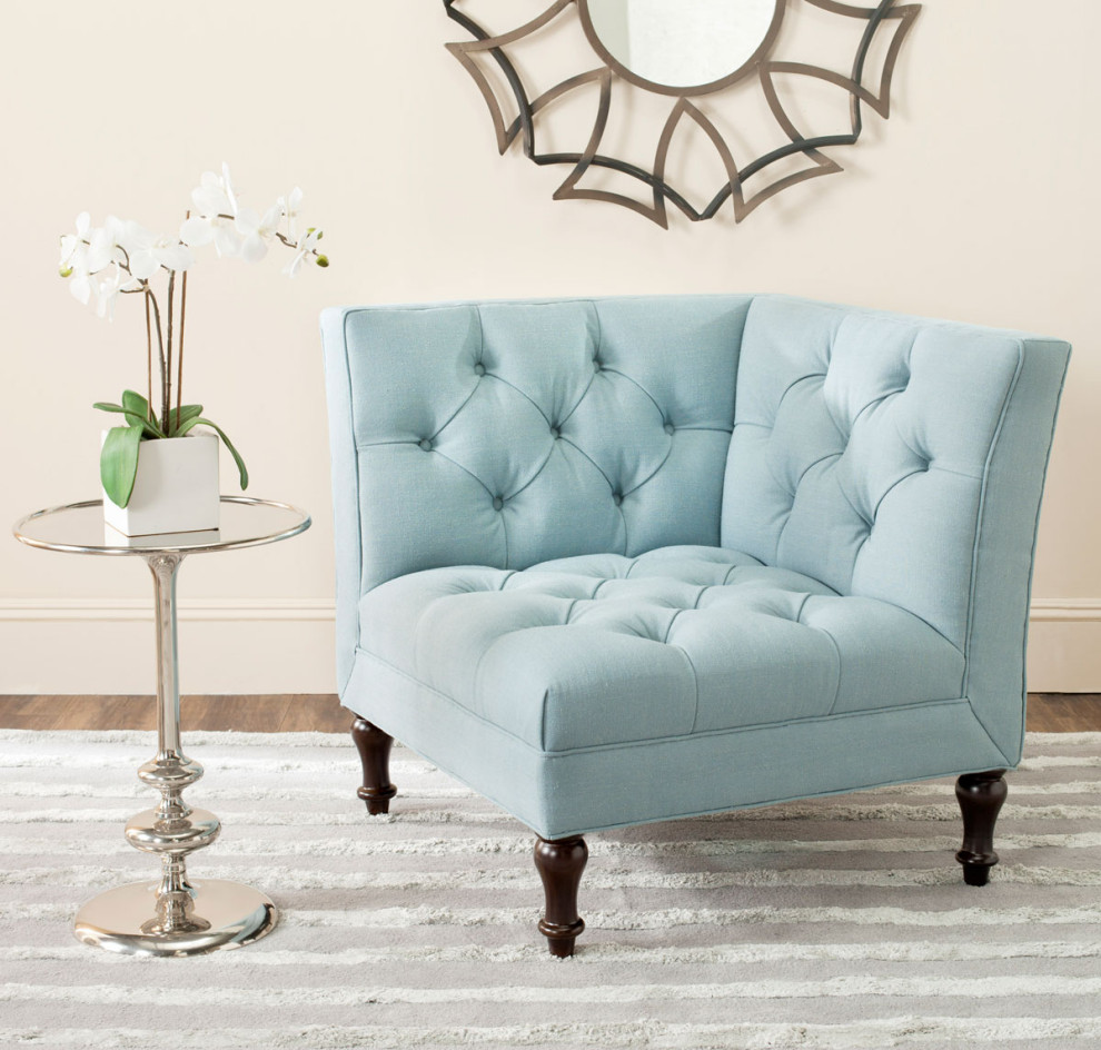 Christopher Tufted Corner Chair Sky Blue   Traditional   Armchairs And Accent Chairs   by Peachtree Fine Furniture  Houzz