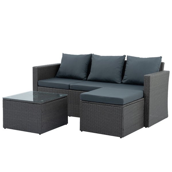 3 Pcs Outdoor Sectional Sofa， PE Rattan Couch Sofa Set with Ottoman， Cushions and Tempered Glass Desktop， Wicker Conversation Set - Overstock - 37952183