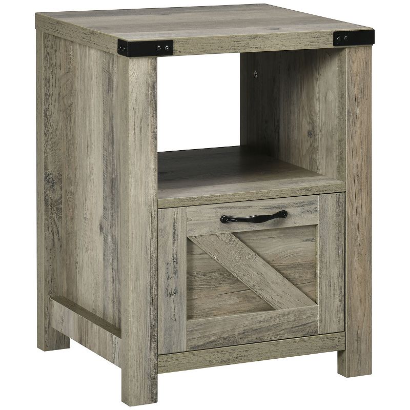 HOMCOM Farmhouse Side Table， End Table with 1 Drawer， 1 Open Shelf and Tabletop for Living Room， Gray Oak