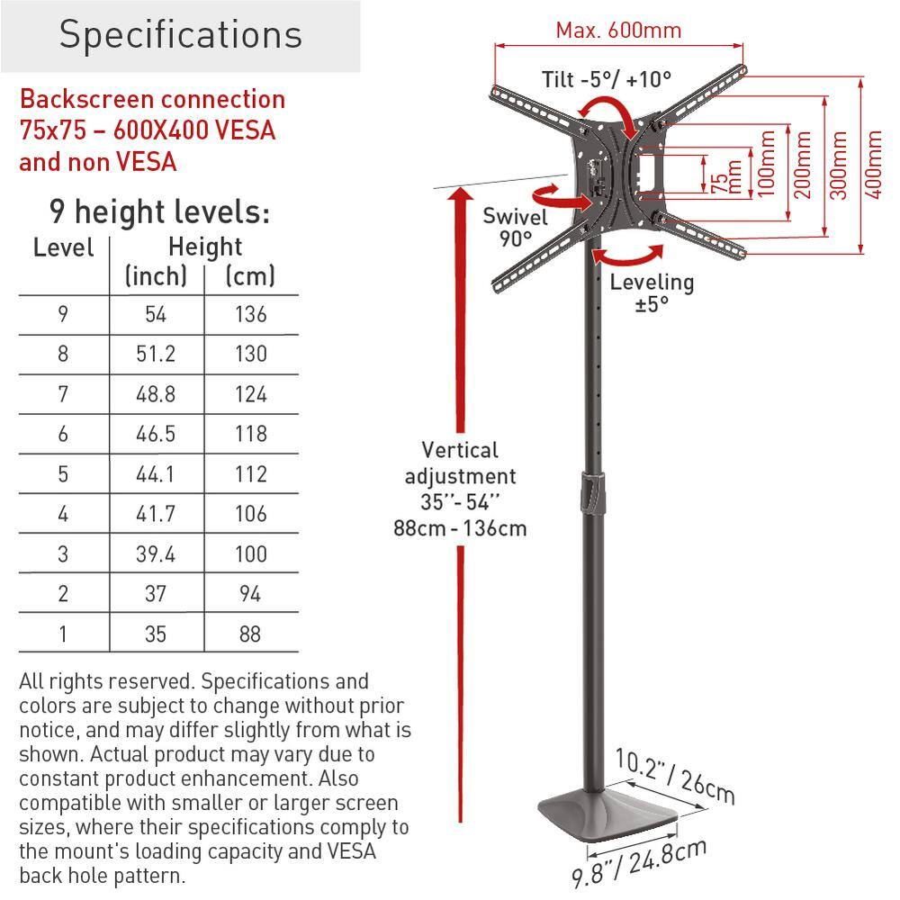 Barkan a Better Point of View Barkan 13 - 83 inch Swivel  Tilt Fixed Floor Stand TV Mount Black Patented to Fit Various Screen Types Screen Leveling FS420