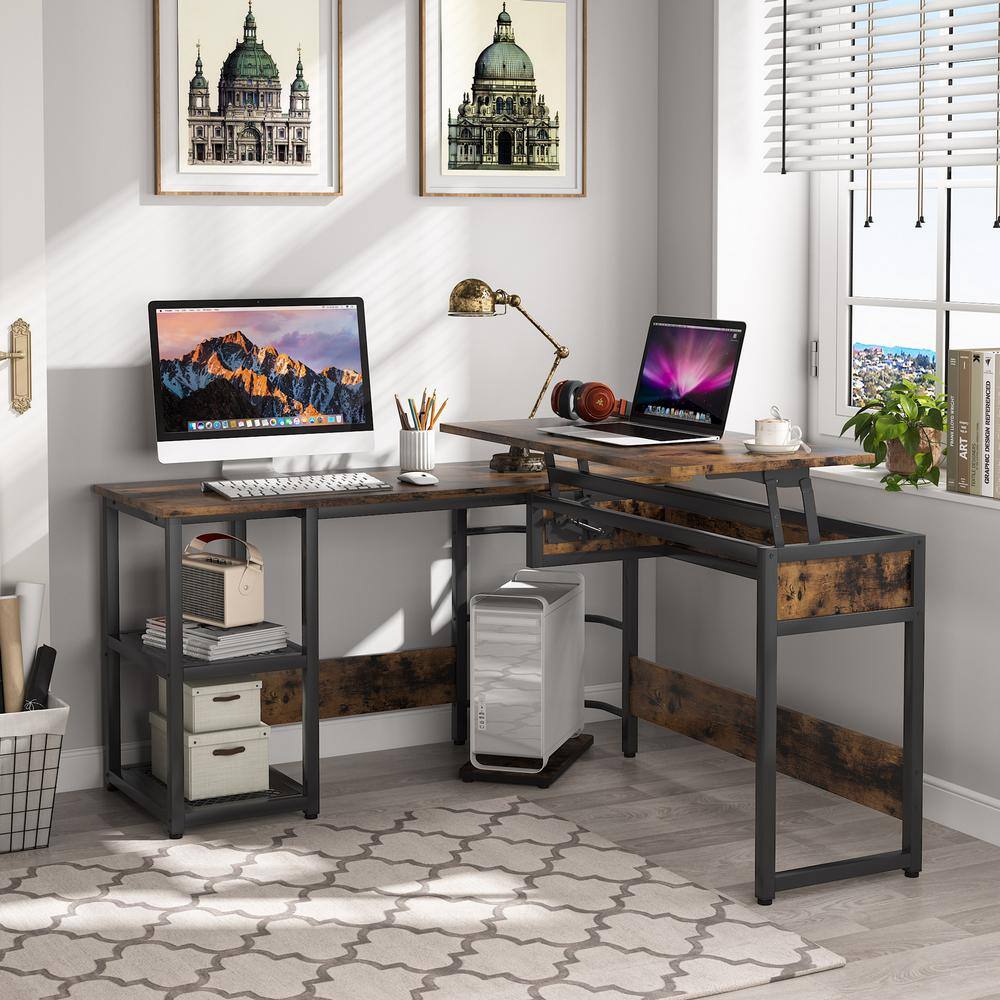 Tribesigns Lantz 59 in. L Shaped Rustic Brown Wood and Metal Computer Standing Desk with Lift Top and Storage Shelves TJHD-QP-1273