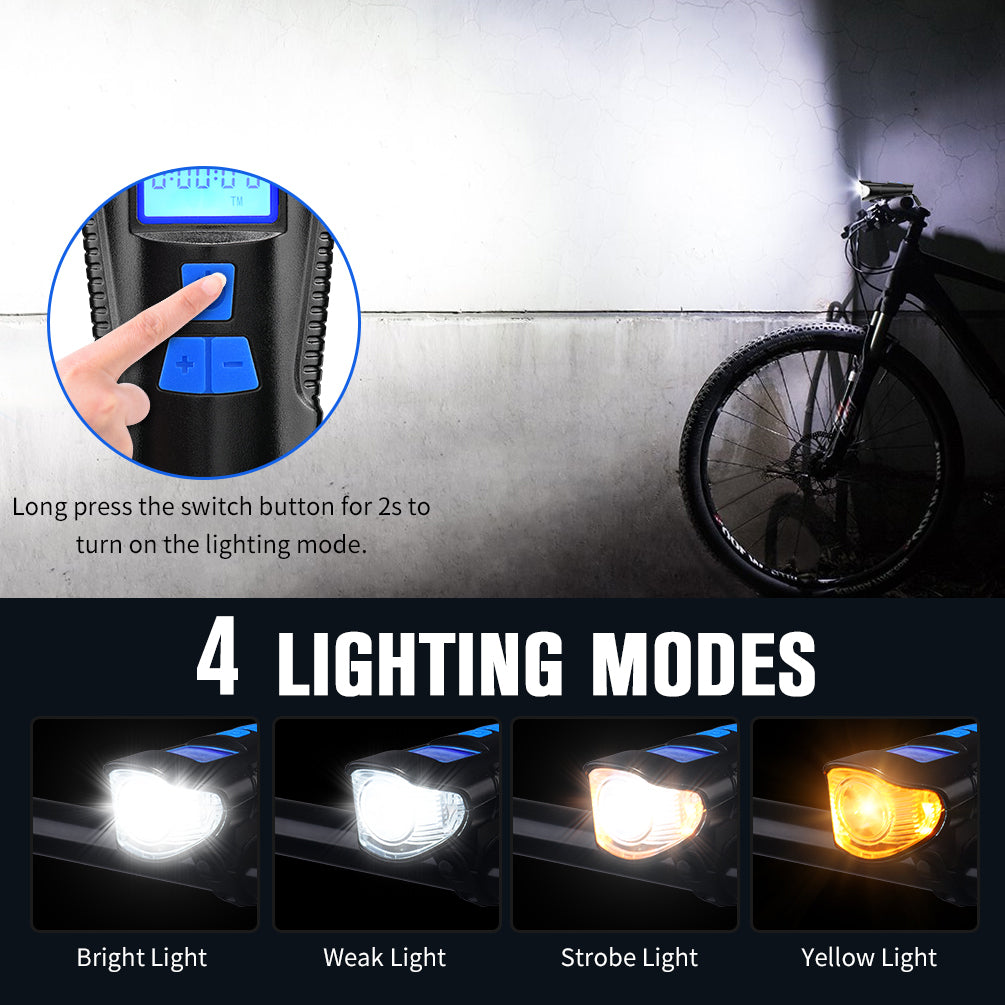 Rechargeable Bike Light Set Bike Headlight with 4 Lighting Modes - Bracket Waterproof Bicycle Front Light and Tail Light with Speedometer Odometer and Bell Controller