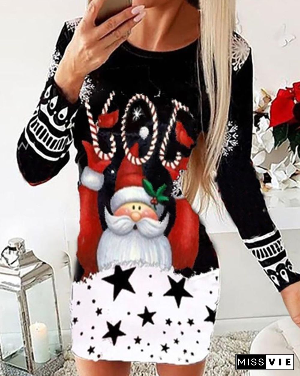 Christmas Mixed Print Long Sleeve Dress P10806