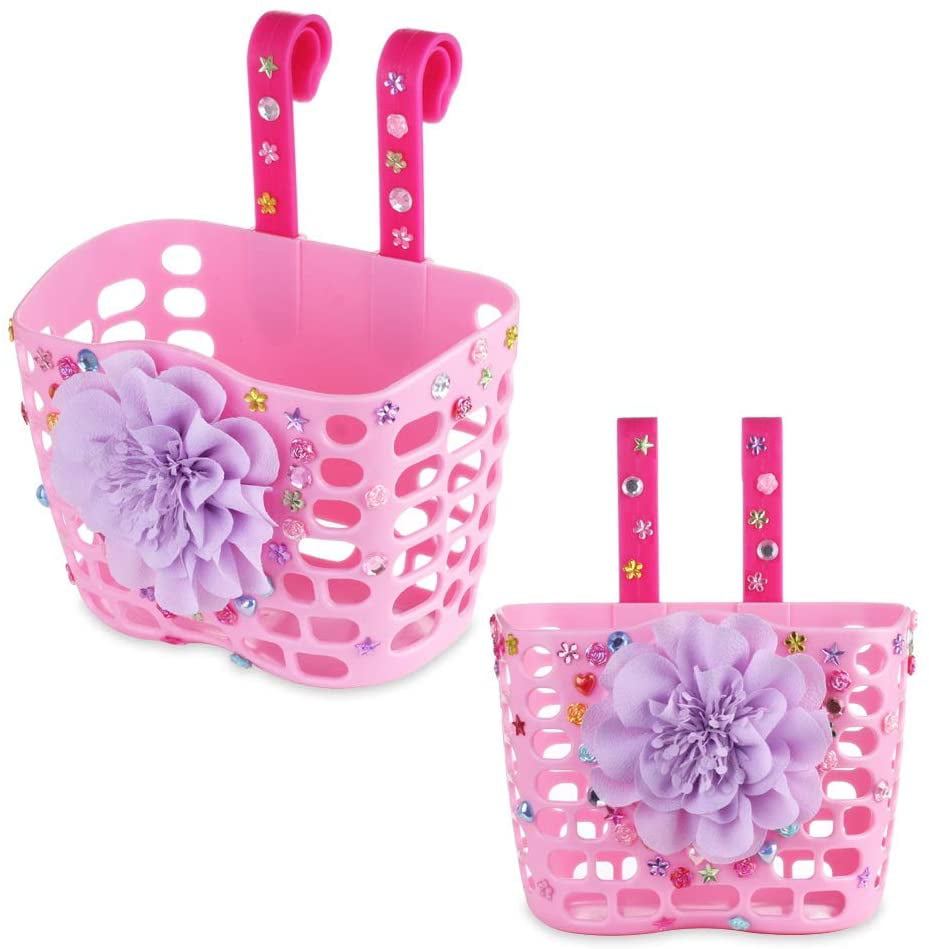 MyMiniFactory Kid's Bike Basket， Cute Flower + Bling DIY Crystal Stickers Bicycle Front Handlebar Basket for Kid Girls， Purple Flower