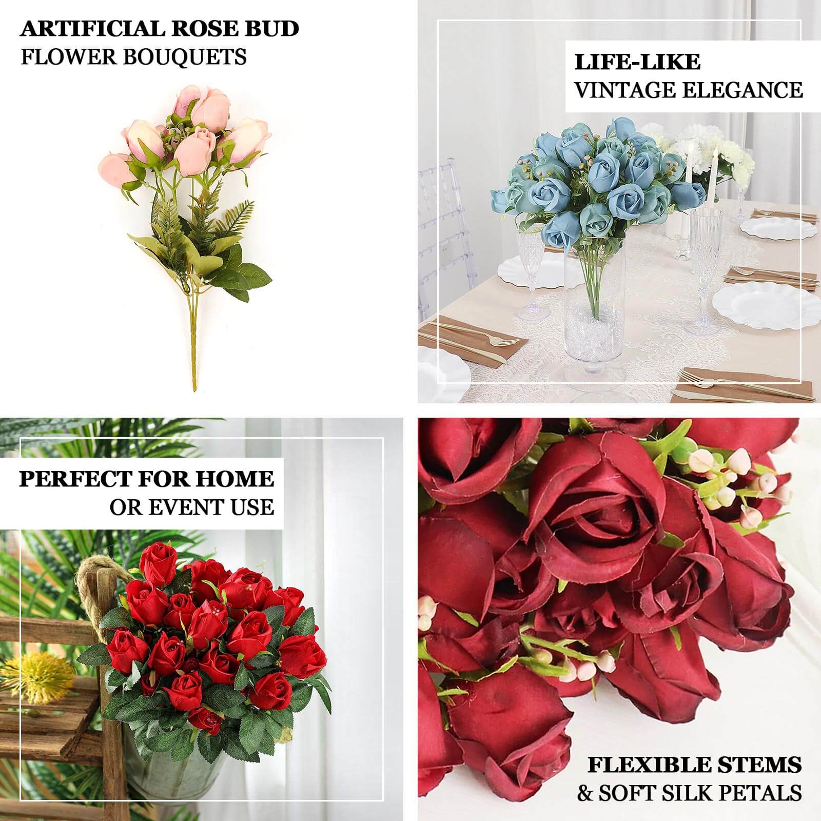 3 Pack Dusty Blue Real Touch Artificial Rose Bud Flower Bridal Bouquets, Silk Floral Bush Arrangements 13