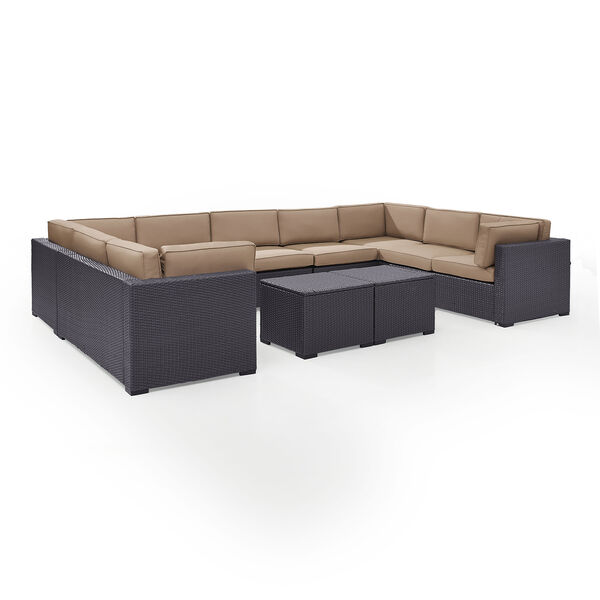 Biscayne 9 Person Outdoor Wicker Seating Set in Mocha - Four Loveseats， One Armless Chair， Two Coffee Tables