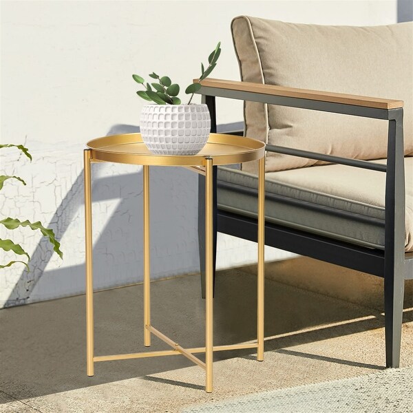 Adeco Gold End Table Metal Waterproof Snack Beside Table Accent Coffee Table - 16.9