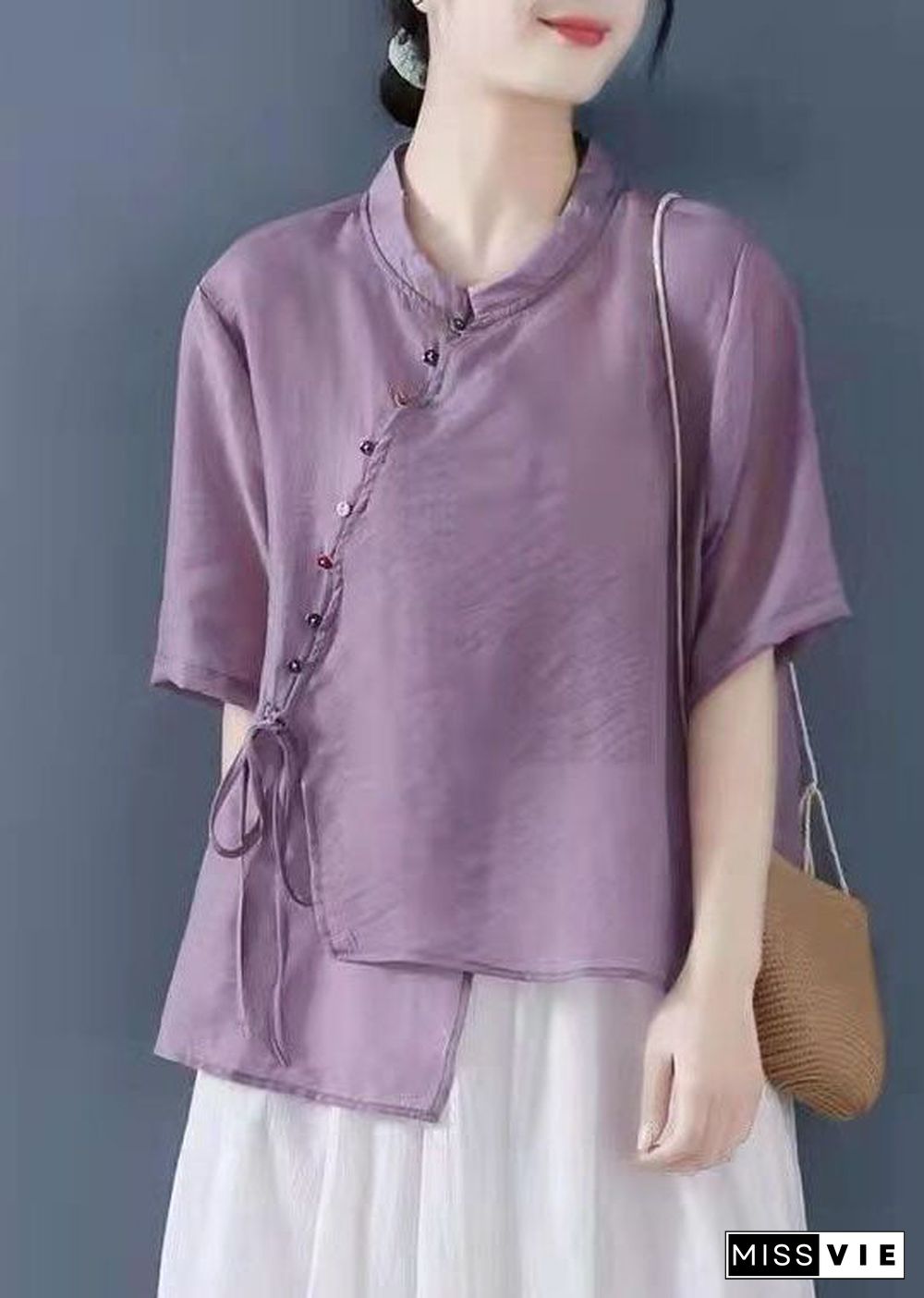 Solid Purple Patchwork Shirt Top Chinese Style Button Half Sleeve