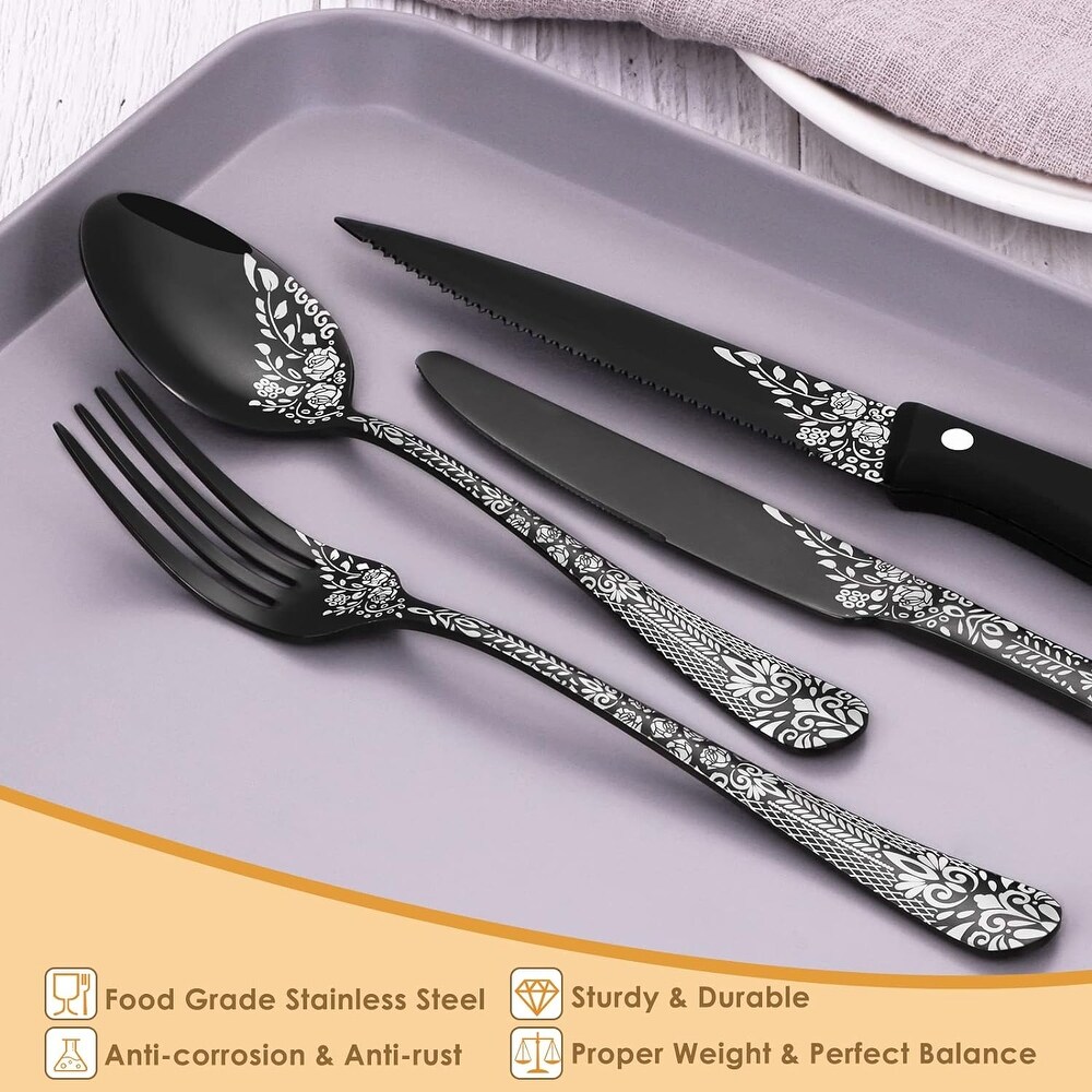 36 Piece Flatware Set with Unique Floral Laser