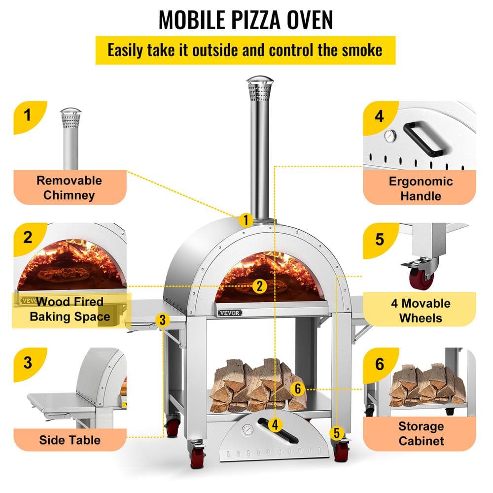 VEVOR 46 in. Wood Fired Artisan Pizza Oven Outdoor Pizza Oven 3-Layer Stainless Steel Pizza Maker with Wheels HWPSKXTJYCY312EF0V0