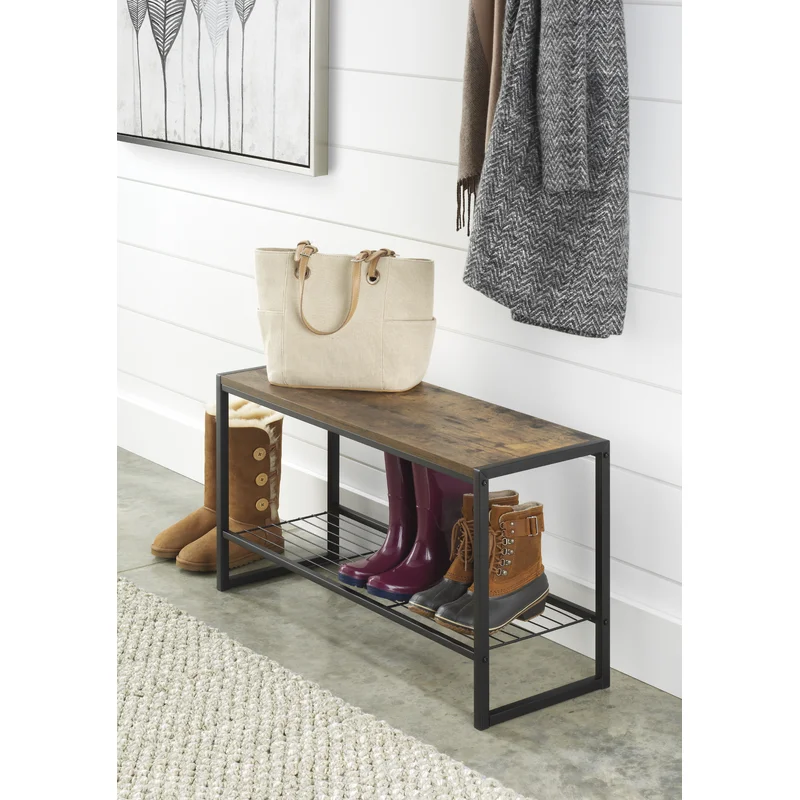 Whitmor Modern Industrial Entryway Bench w/Shoe Storage， Brown