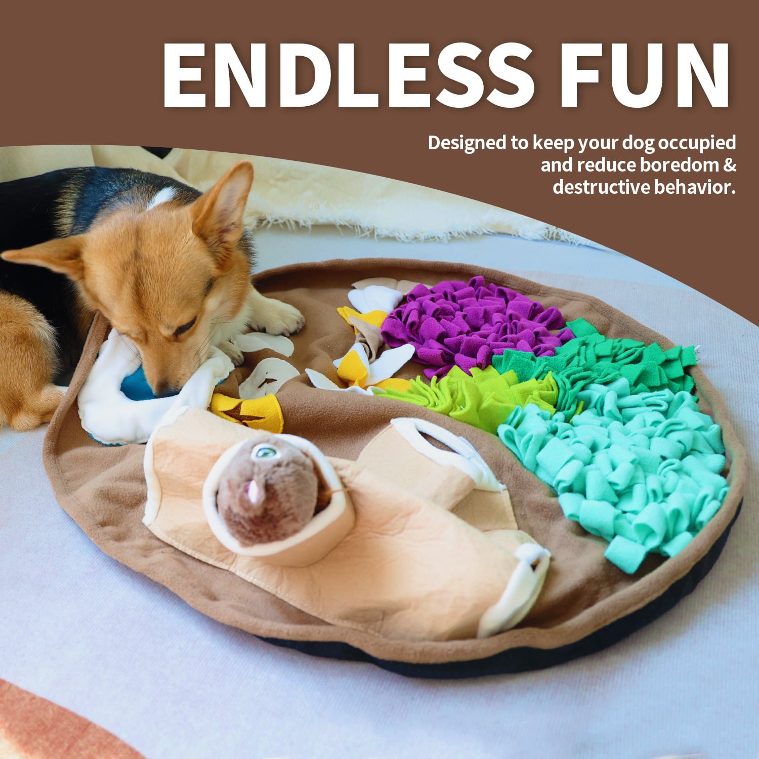 All For Paws Dog Snuffle and Feeding Mat with Training Toy， Squirrel