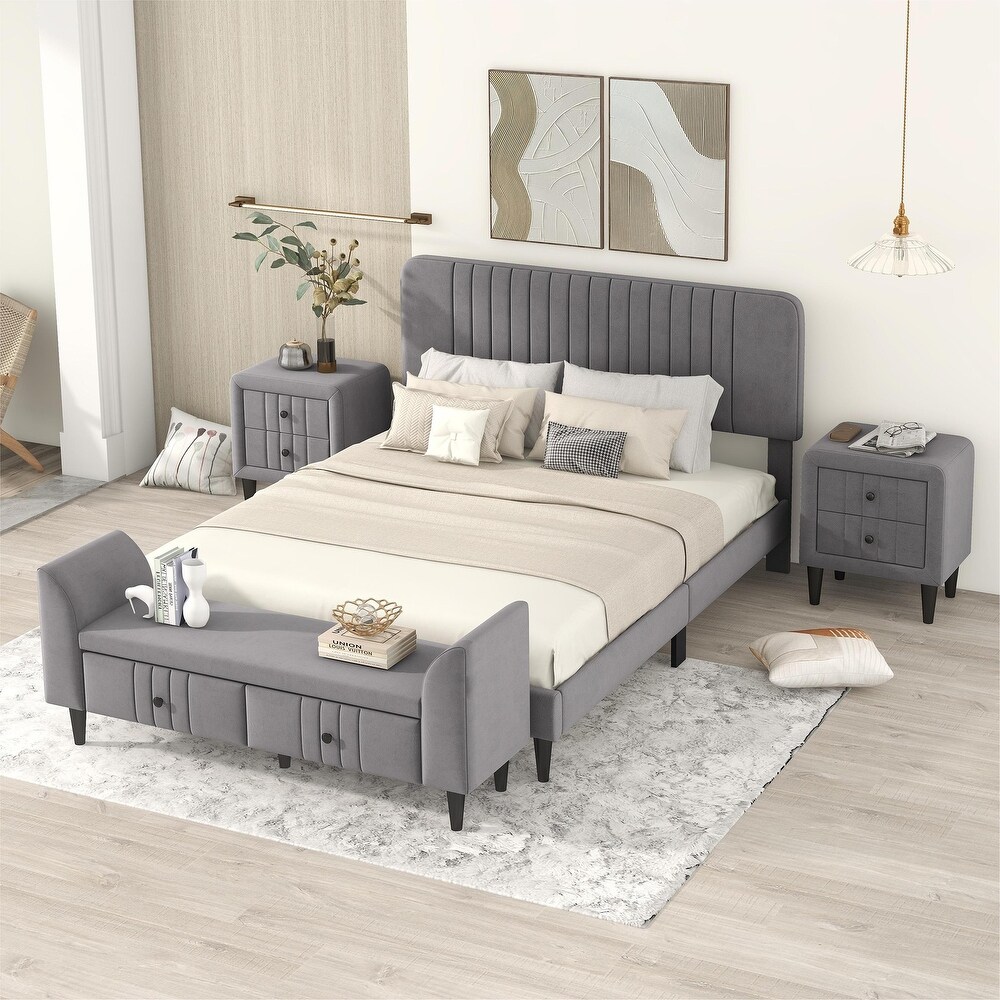 4 Piece Bedroom Set  Queen Size Upholstered Platform Bed  Storage Bench and Nightstands Set of 2  for Living Room Bed Room